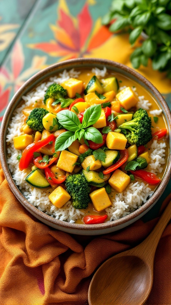 Spicy Thai green curry with tofu and vegetables in a bowl, served over jasmine rice and garnished with basil.